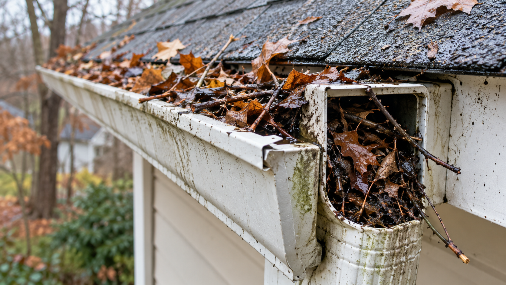 clogged gutter downspout with leaves and debris