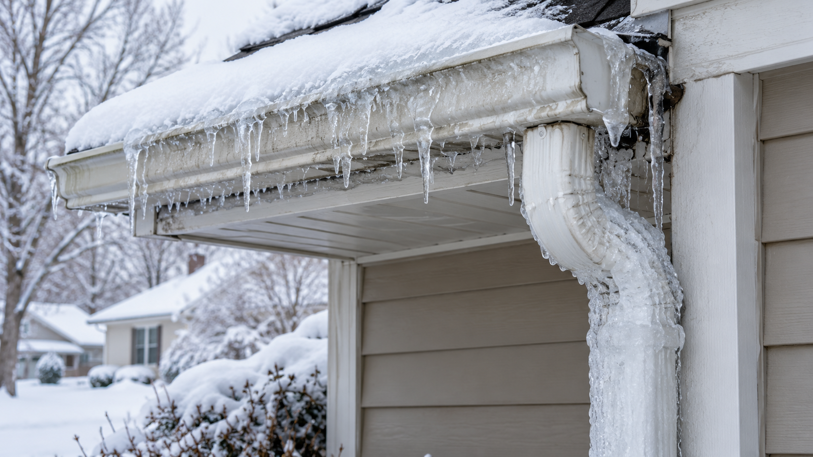 frozen gutter downspout during winter