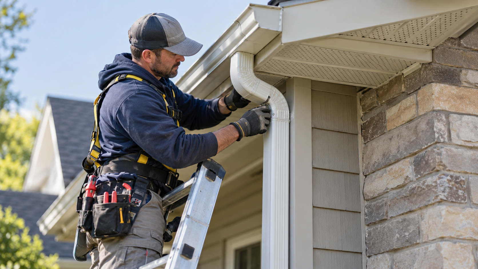 professional inspecting gutter downspout for repair