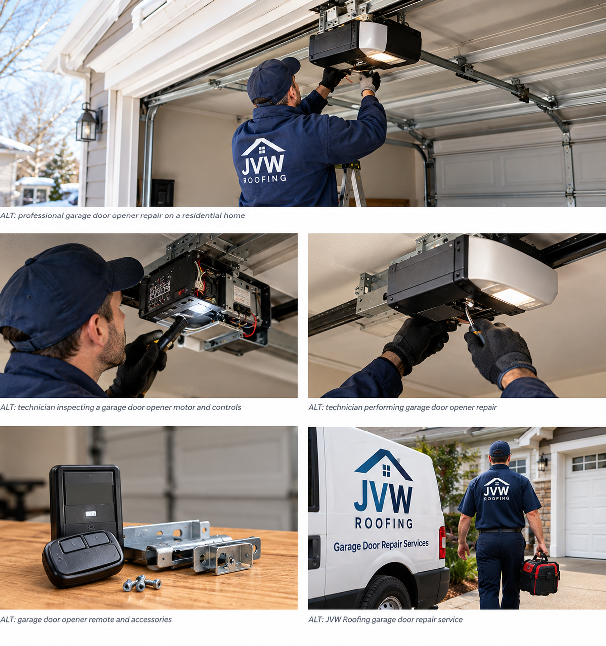 technician inspecting a garage door opener motor and controls