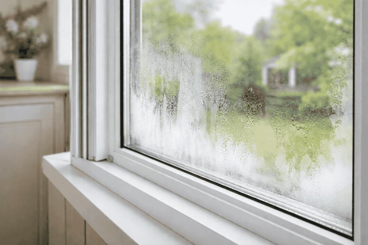 foggy double pane window glass with a failed seal