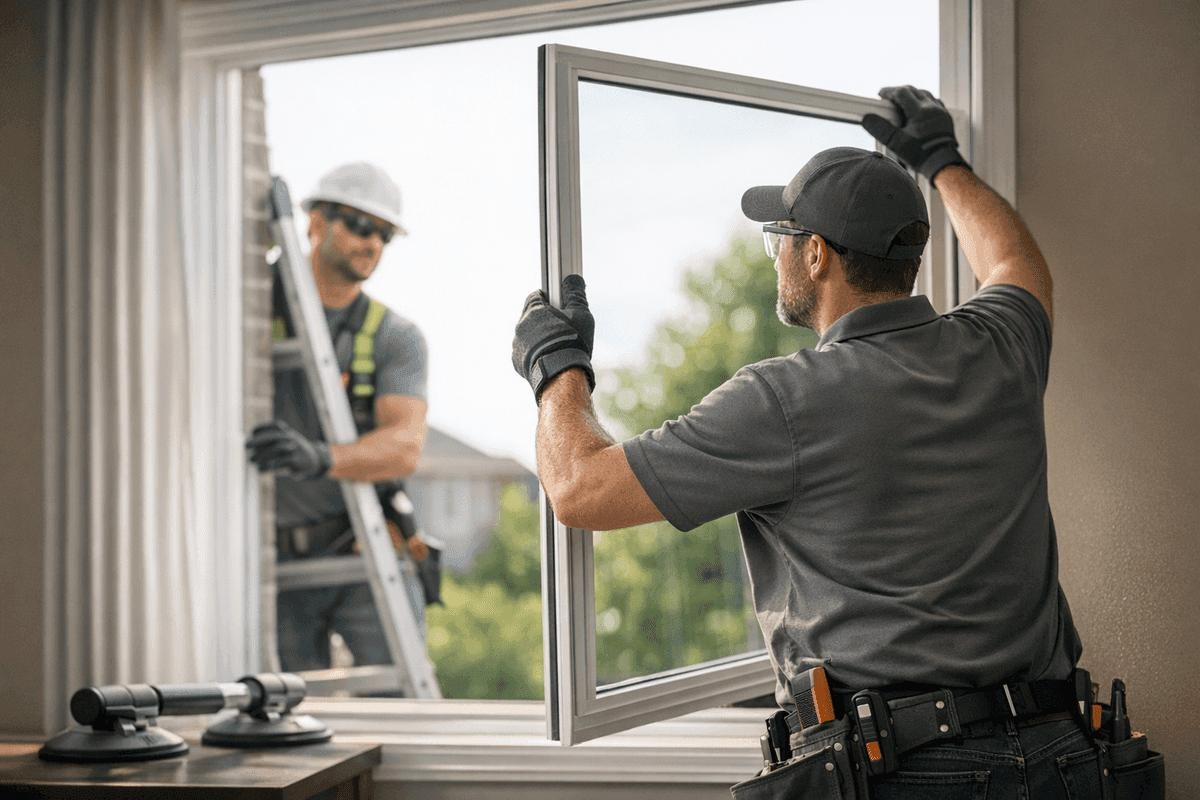 technician installing replacement glass in an existing window frame