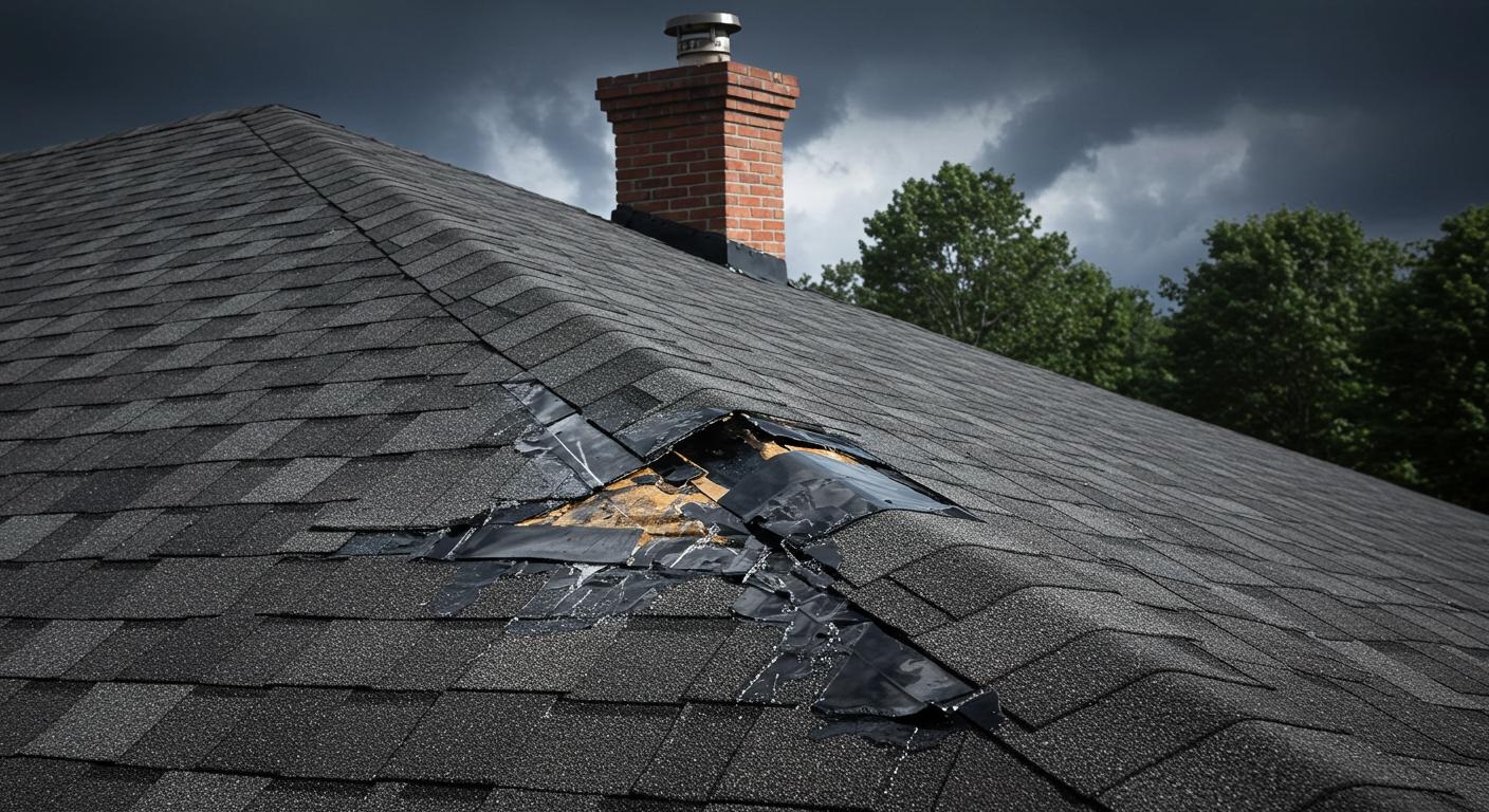 storm damaged roof shingles and flashing on a residential roof